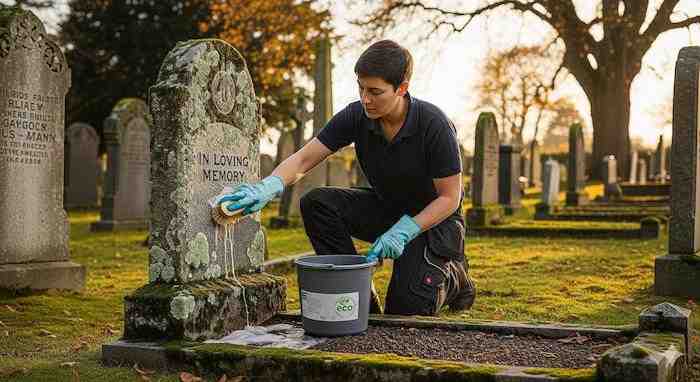 Professional headstone cleaning service in progress