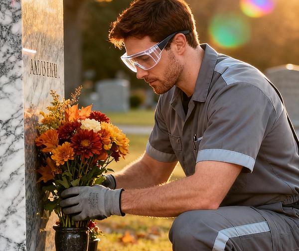 Tending specialist laying flowers at a monument with respect during grave care service