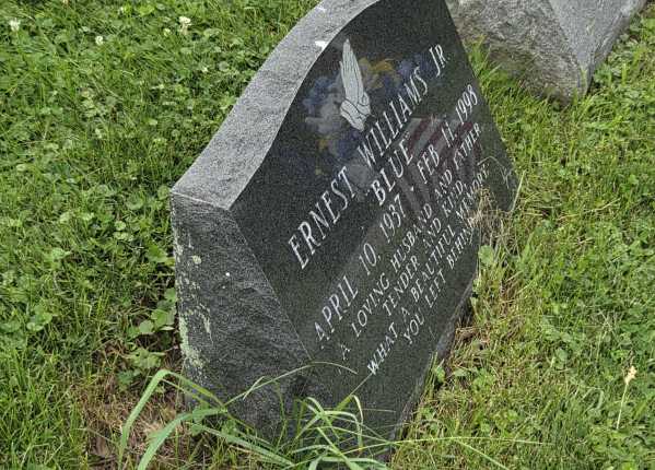 Weathered and uncleaned condition of two upright tombstones in Pennsylvania before professional cleaning
