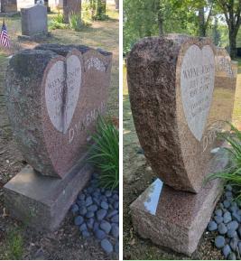 Gentle tending for a single headstone, Massachusetts, summer, 2025 / Before and after