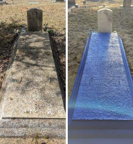 One-time full restoration and cleaning for a slant monument, Texas, autumn, 2025. / Before and after
