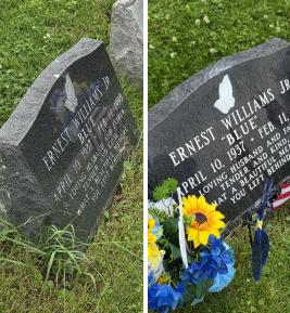 Restoration work for two upright tombstones, Pennsylvania, autumn, 2025. / Before and after