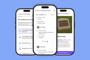 Tending App interface showing the subscription checkout process, monument type selection, and order details